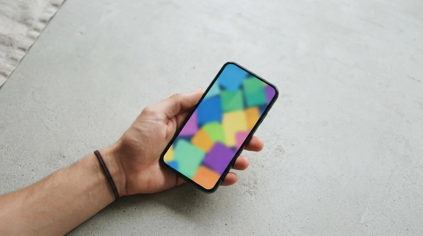 Hand holding smartphone with abstract tiles on the screen