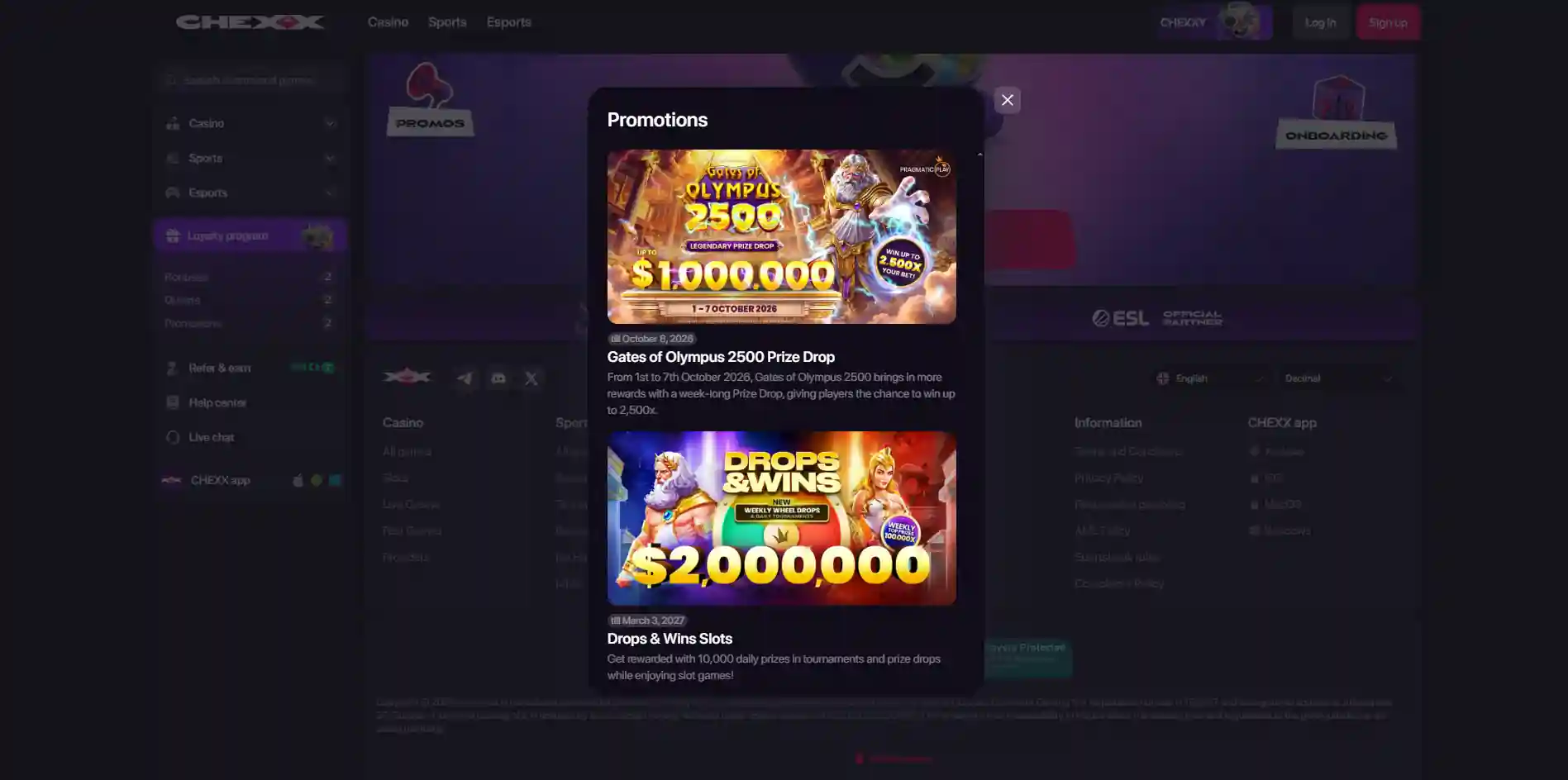CHEXX welcome package with three deposit tiers and free spins