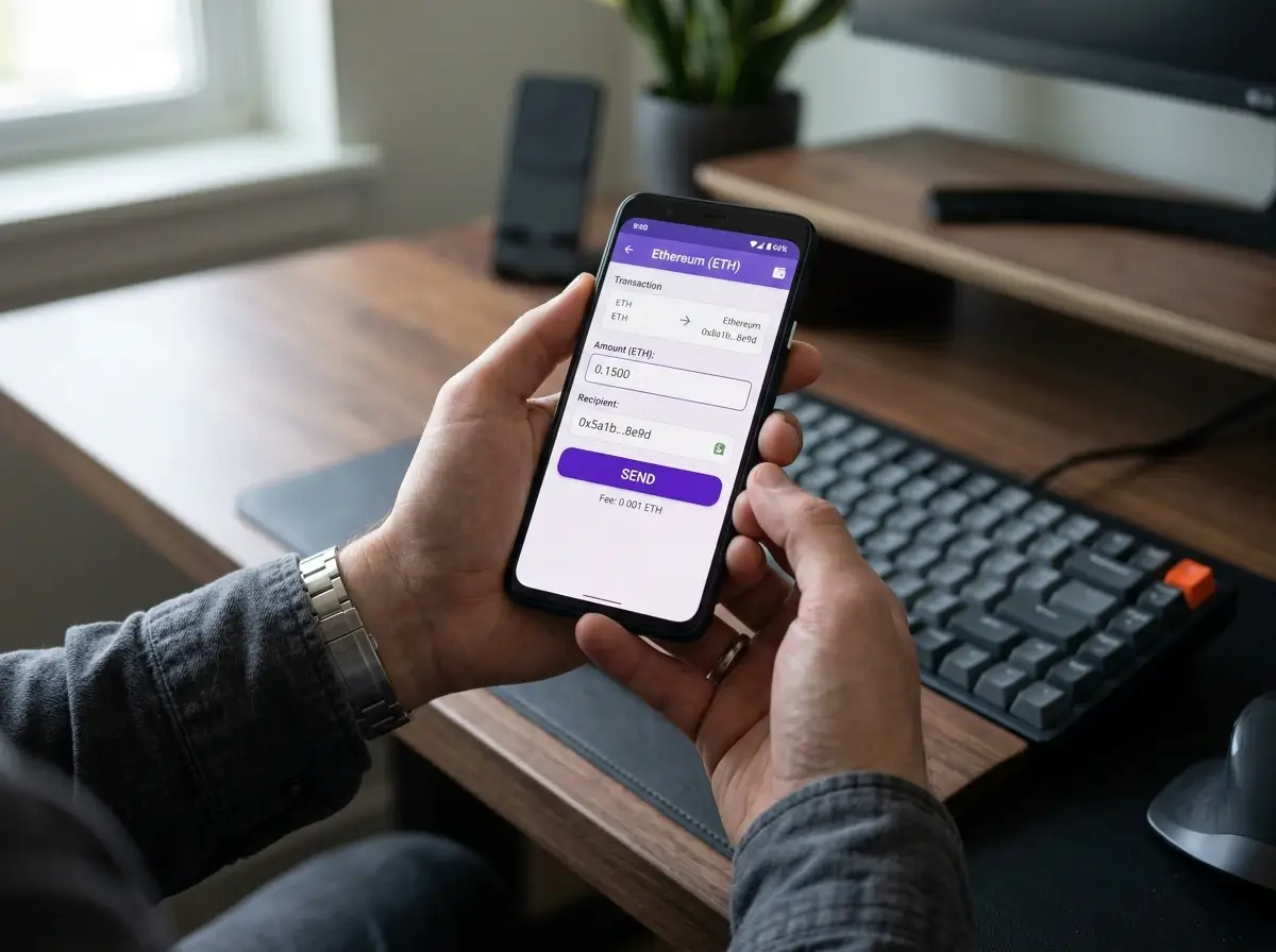 Person using a smartphone to transfer ETH from a Web3 wallet to a sportsbook deposit page