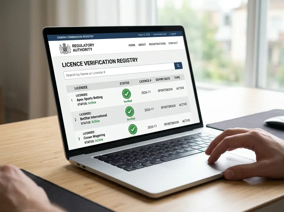 Close-up of a regulatory licence page on a government website confirming a sportsbook registration number