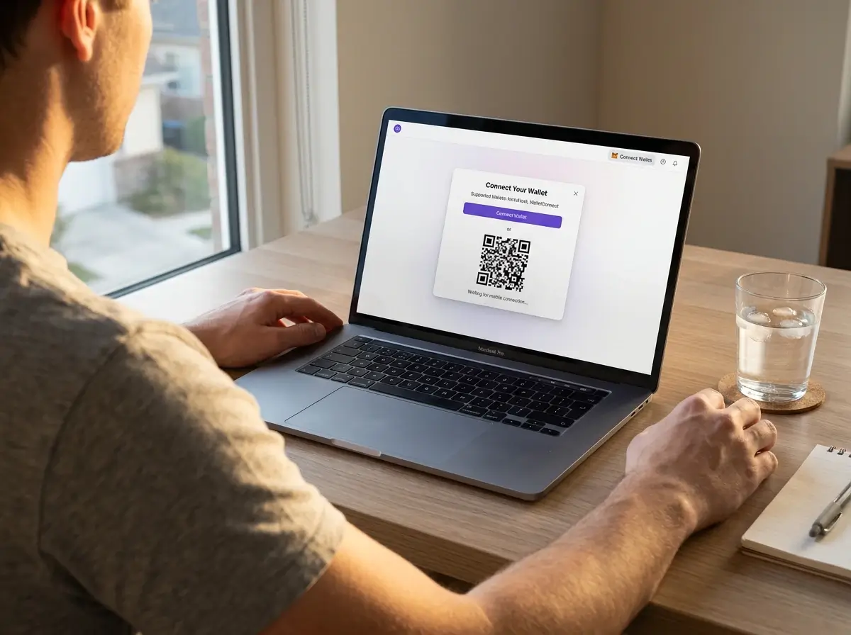 Hands holding a laptop showing MetaMask wallet interface connected to a sportsbook deposit page