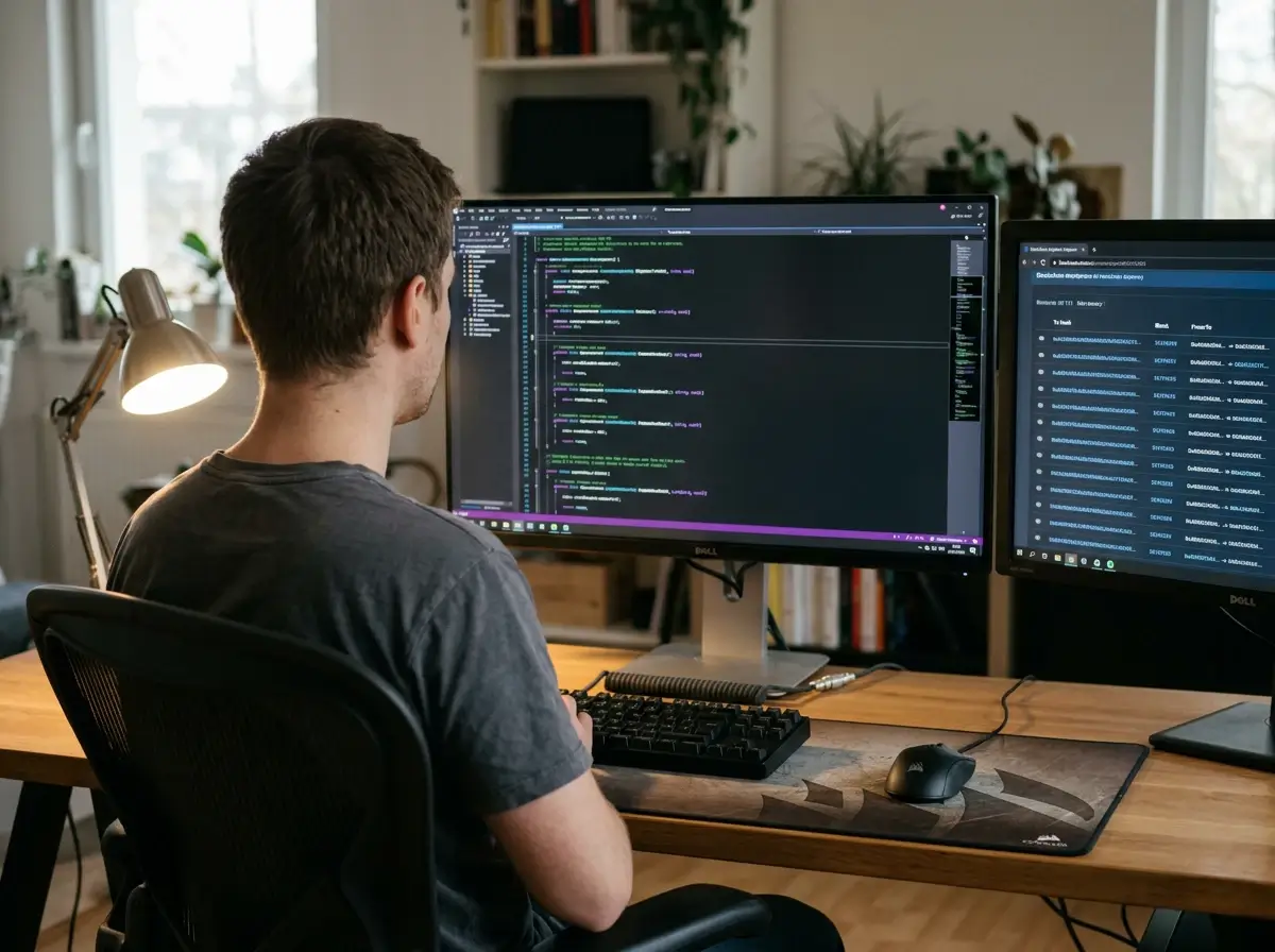 Developer reviewing a provably fair smart contract audit report on a monitor with blockchain data visible